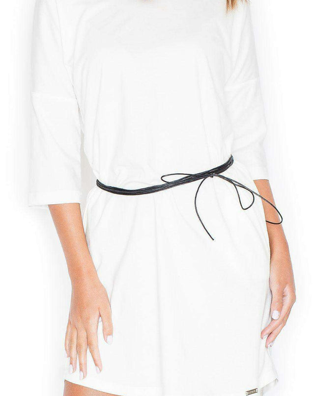 Chic Cotton Midi Dress with Elbow Sleeves and Customizable Waist Belt