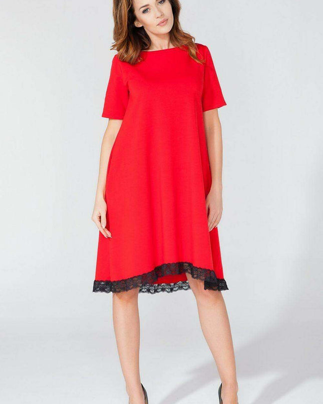 Elegantly Functional Short Sleeve Dress with Lace Accents and Handy Pockets