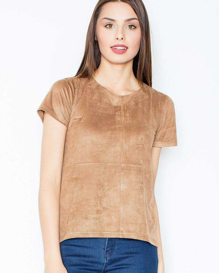 Chic Brown Short-Sleeve Blouse in Stretchy Polyester-Spandex Blend by Figl