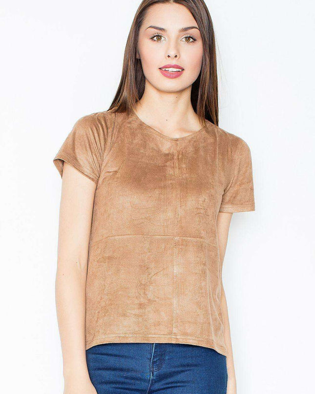 Chic Brown Short-Sleeve Blouse in Stretchy Polyester-Spandex Blend by Figl