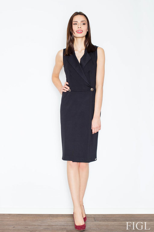 Sophisticated Sleeveless Dress with Envelope Cut and Button Embellishments