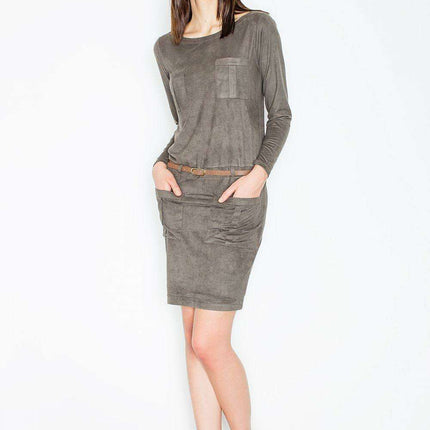 Elegant Suede-Like Mini Dress with Pockets and Waist-Cinching Belt