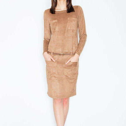 Elegant Suede Mini Dress with Belt and Pockets - Daydress Model 52587