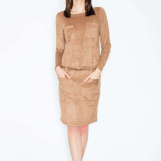Elegant Suede Mini Dress with Belt and Pockets - Daydress Model 52587
