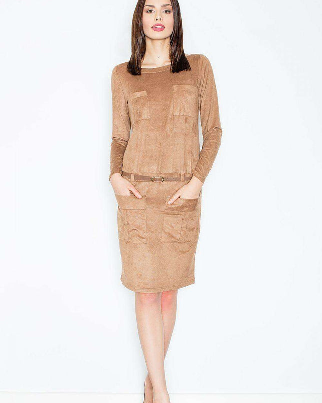 Elegant Suede Mini Dress with Belt and Pockets - Daydress Model 52587