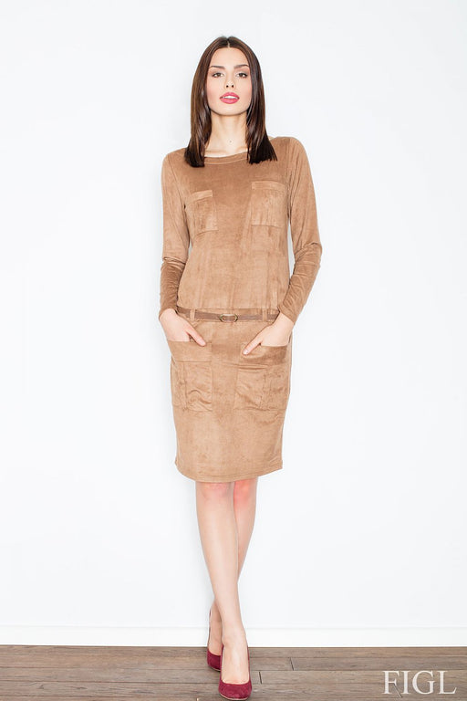 Chic Suede Mini Dress with Stylish Belt and Pockets - Daydress Model 52587