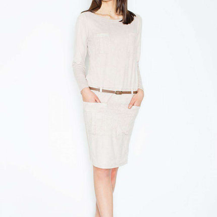 Elegant Long Sleeve Suede Dress with Belt and Pockets