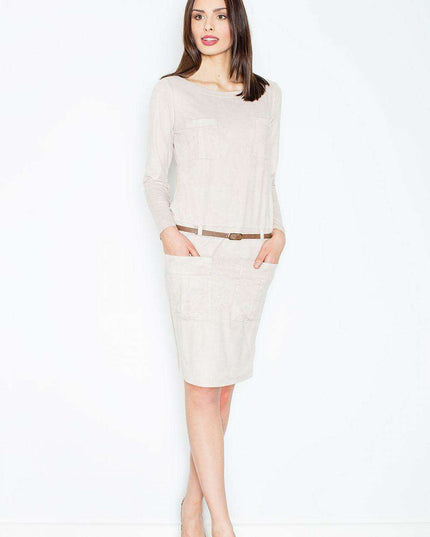 Elegant Long Sleeve Suede Dress with Belt and Pockets