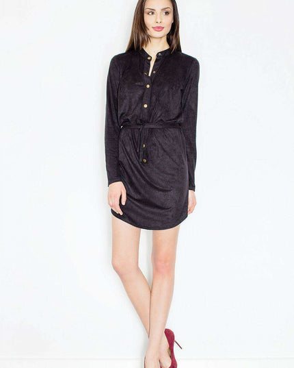 Sophisticated Suede-Like Day Dress with Chic Stand-Up Collar and Waist Tie
