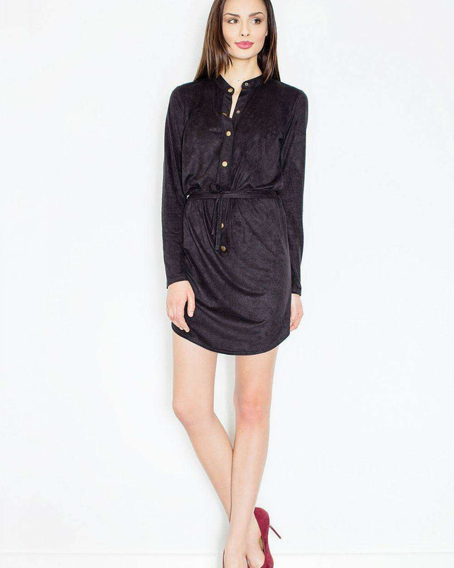 Sophisticated Suede-Like Day Dress with Chic Stand-Up Collar and Waist Tie