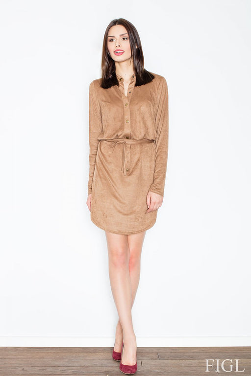 Chic Suede Daydress with Stand-Up Collar - Sophisticated and Trendy
