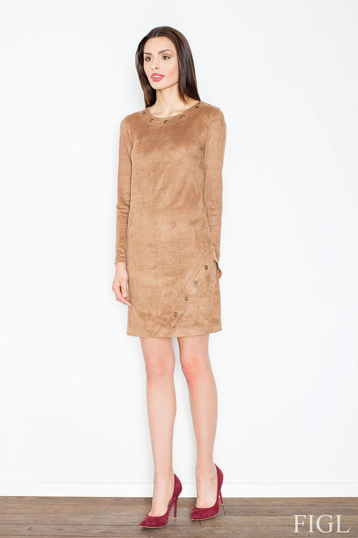 Suede-Inspired Long Sleeve Mini Dress with Metal Ring Embellishments