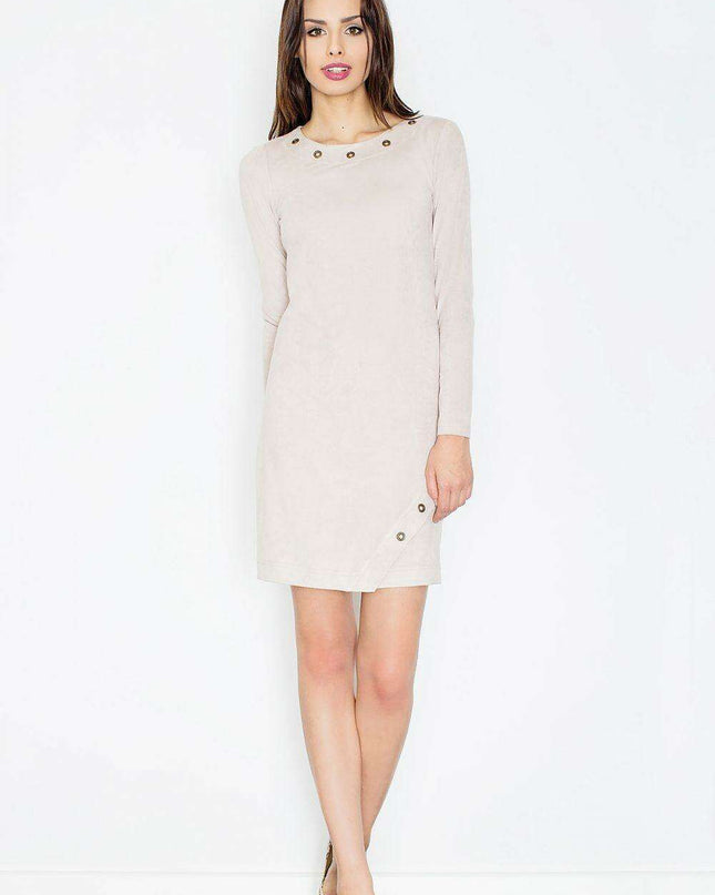 Chic Long Sleeve Faux Suede Dress with Glamorous Metal Accents - Model 52603