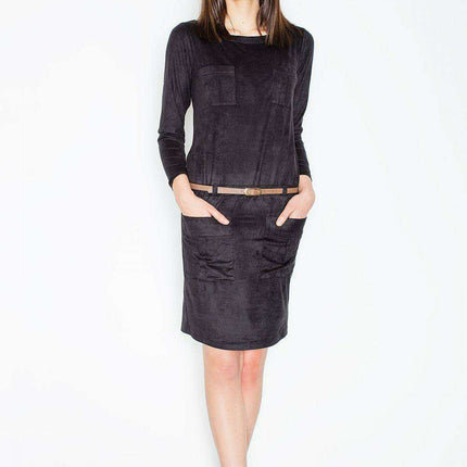Chic Long Sleeve Faux Suede Mini Dress with Stylish Pockets and Decorative Belt - Model 52604