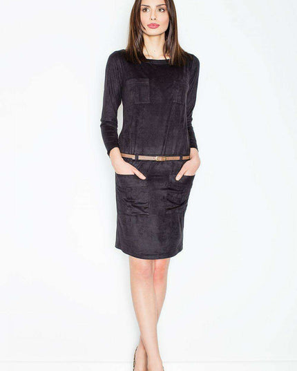 Chic Long Sleeve Faux Suede Mini Dress with Stylish Pockets and Decorative Belt - Model 52604