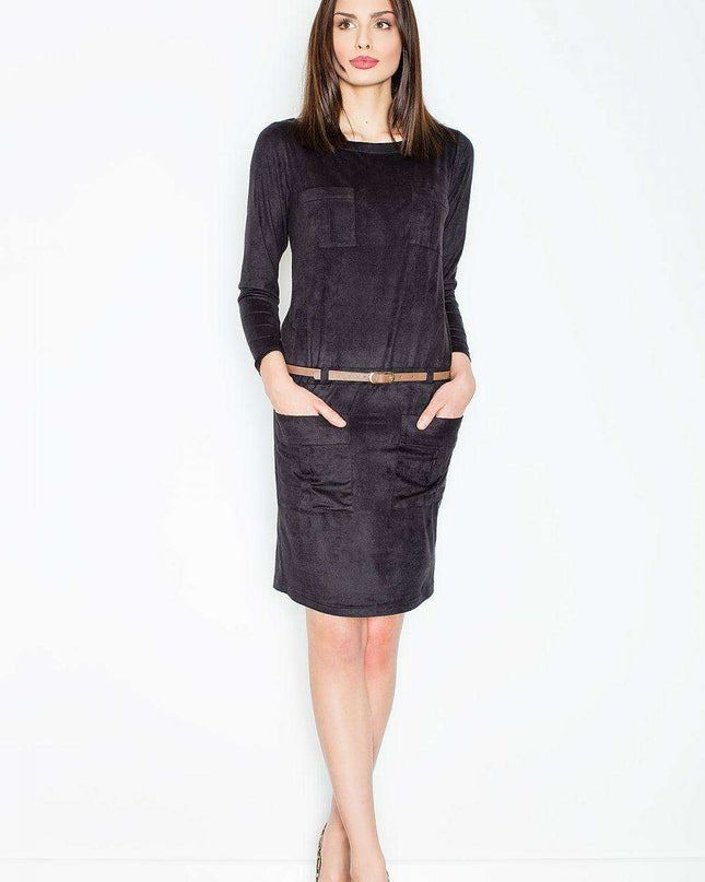 Chic Long Sleeve Faux Suede Mini Dress with Stylish Pockets and Decorative Belt - Model 52604