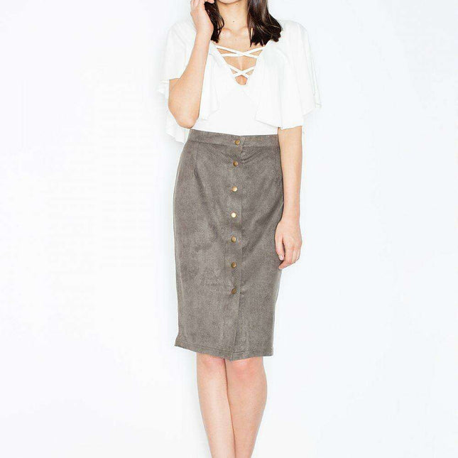 Elegant Suede-Like Pencil Skirt with Modern Closure Detail