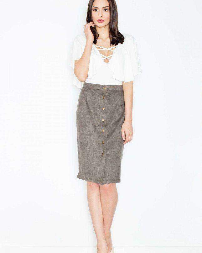 Elegant Suede-Like Pencil Skirt with Modern Closure Detail