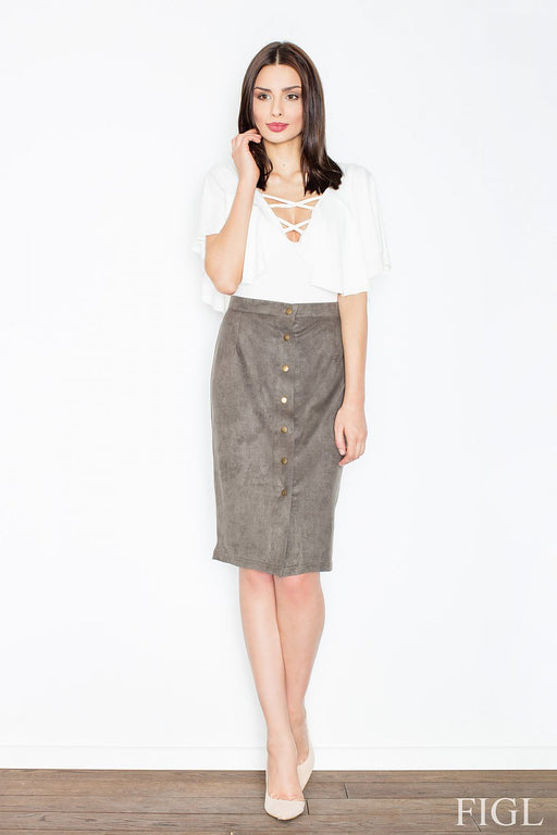 Elegant Suede-Like Pencil Skirt with Innovative Closure Detail