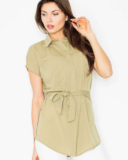 Elegant Collared Top with Adjustable Waist Tie and Functional Pockets