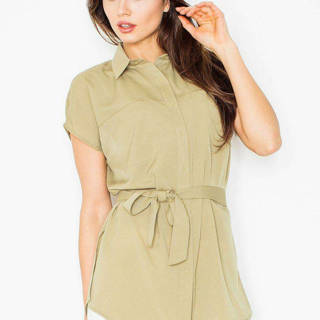 Elegant Collared Top with Adjustable Waist Tie and Functional Pockets