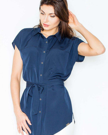 Elegant Short Sleeve Blouse with Adjustable Waist Detail and Trendy Pockets