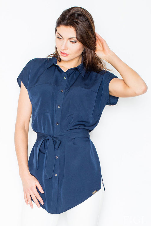 Sophisticated Collared Shirt with Waist Sash and Functional Pockets