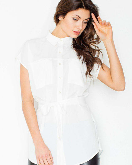 Elegant Waist-Sash Blouse with Functional Pockets
