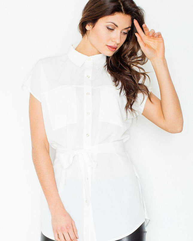 Elegant Waist-Sash Blouse with Functional Pockets