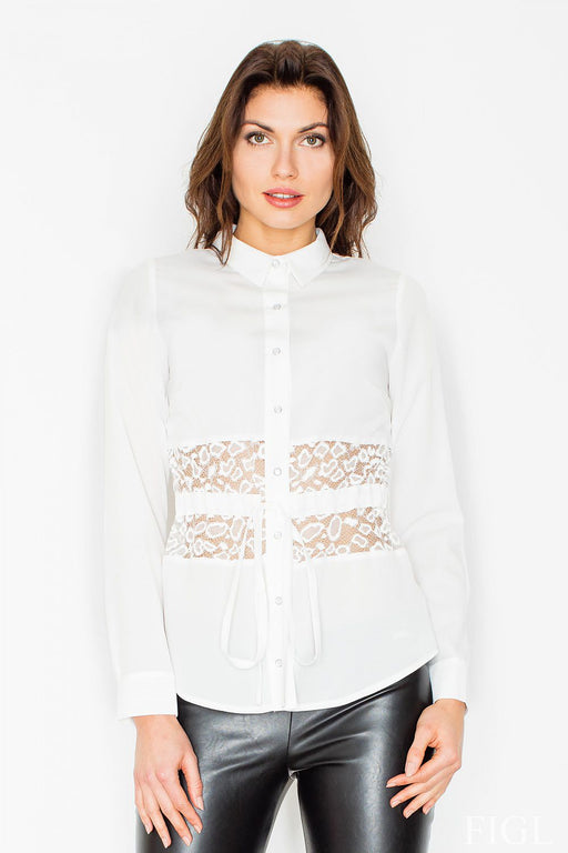 Elegant Lace-Trimmed Ladies Long Sleeve Shirt XL - Sophisticated Ribbon Tie and Lace Insertion