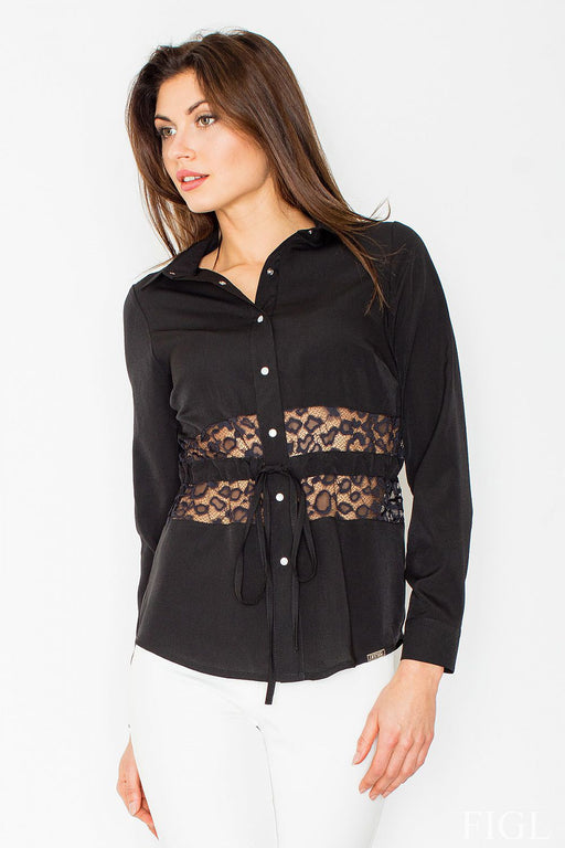 Lace Insertion Ribbon-Tied Long Sleeve Shirt for Women