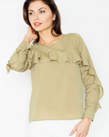 Chic Frill-Detail Blouse with Stylish Cuffed Sleeves