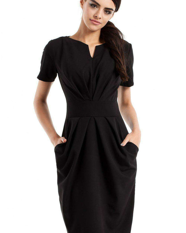 Elegant Sweetheart Draped Day Dress with Handy Side Pockets