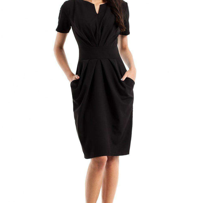 Elegant Sweetheart Draped Day Dress with Handy Side Pockets