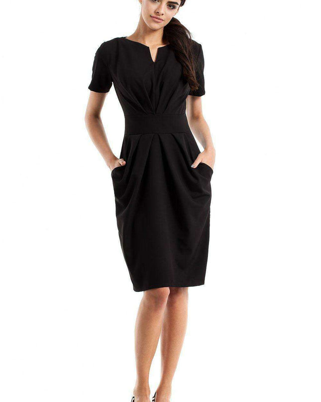 Elegant Sweetheart Draped Day Dress with Handy Side Pockets