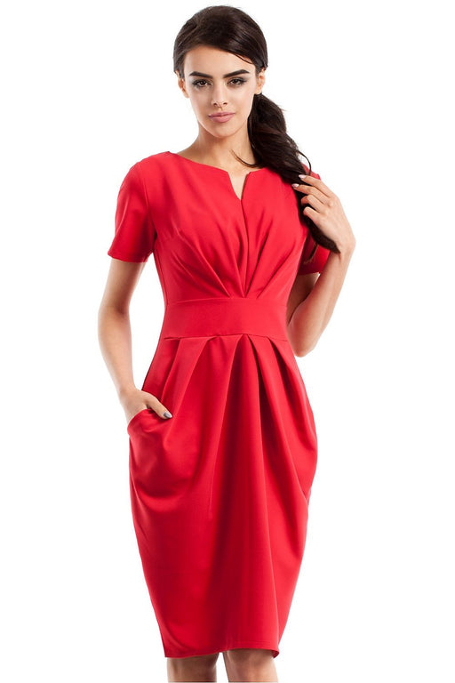 Sweetheart Draped Dress with Short Sleeves and Pockets