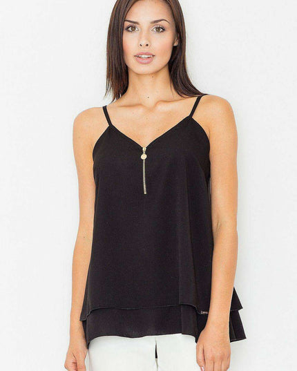 Elegant Monochrome Sleeveless Blouse with Luxe Gold Zip Detail