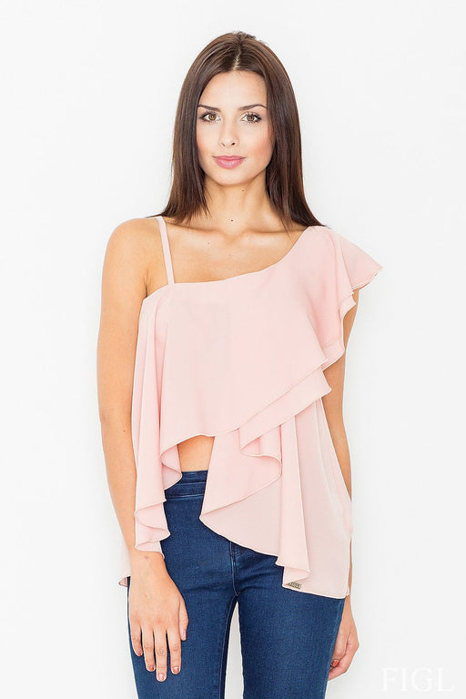 Frilled Belly-Exposing Blouse in Elegant Fabric