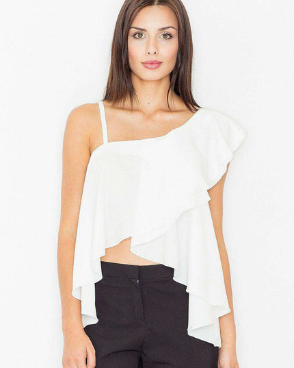 Elegant Frill Accented Silky Crop Top with Ruffled Hem