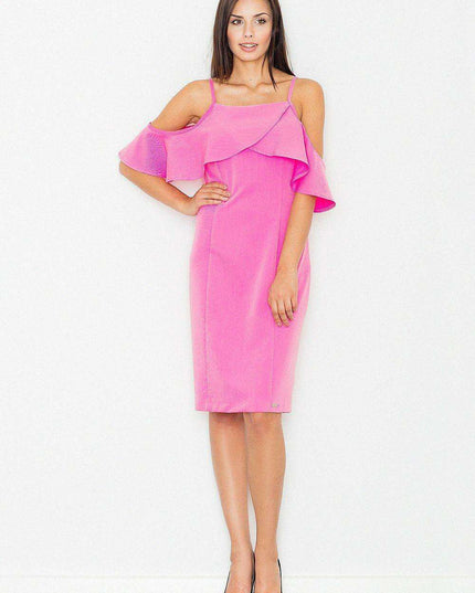 Elegant Knit Day Dress with Frill Accents and Trendy Shoulder Cutouts