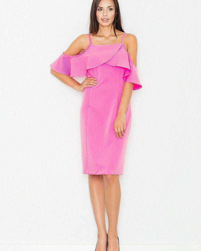 Elegant Knit Day Dress with Frill Accents and Trendy Shoulder Cutouts