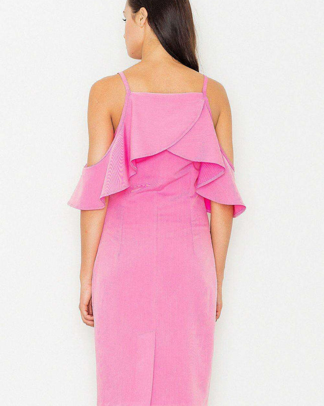 Elegant Knit Day Dress with Frill Accents and Trendy Shoulder Cutouts