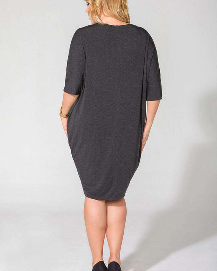 Elegant Draped V-Neck Knit Dress with Edgy Raw Hem Finish