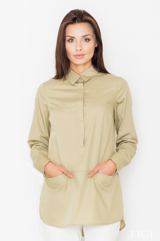 Cotton Blend Long Sleeve Blouse with Button Fastening