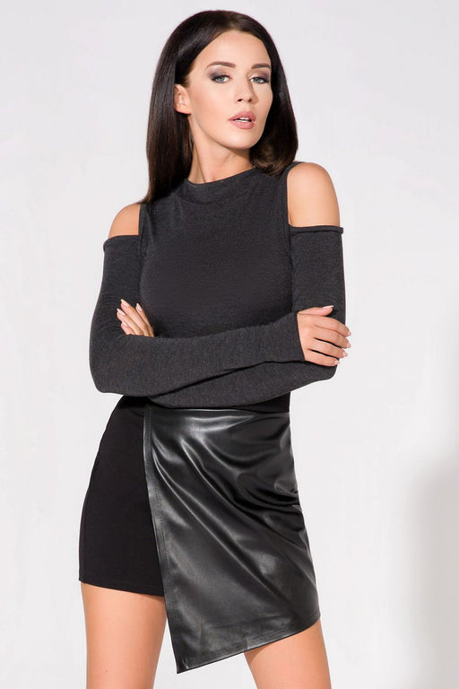 Stylish Half-Golf Neckline Knit Blouse with Exposed Shoulders