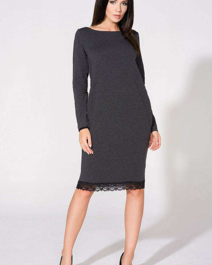 Elegant Lace-Trimmed Knit Dress with Bow Detail