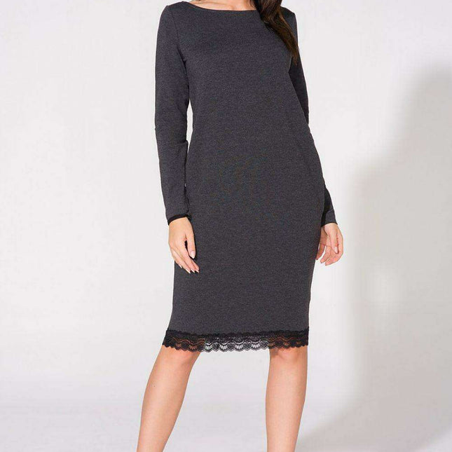 Elegant Lace-Trimmed Knit Dress with Bow Detail