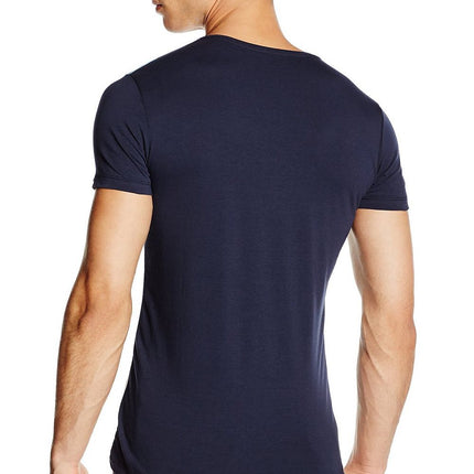 Men's Short Sleeve T Shirt With Patterned Front Pocket Navy Back - Très Elite