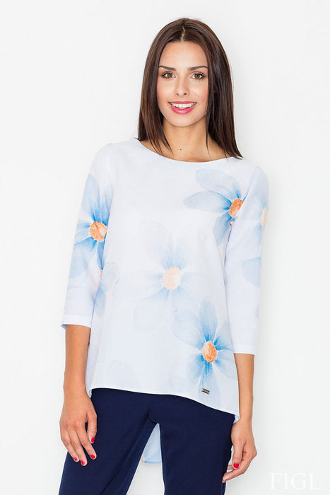 Colorful Knitwear Blouse with Elbow-Length Sleeves - Elegant Polyester Blouse with Basque Detail