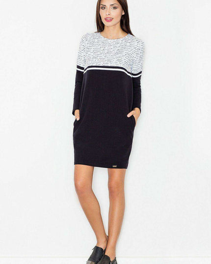 Chic Cotton Day Dress with Textured Knit Bodice and Practical Side Pockets, Style 62978